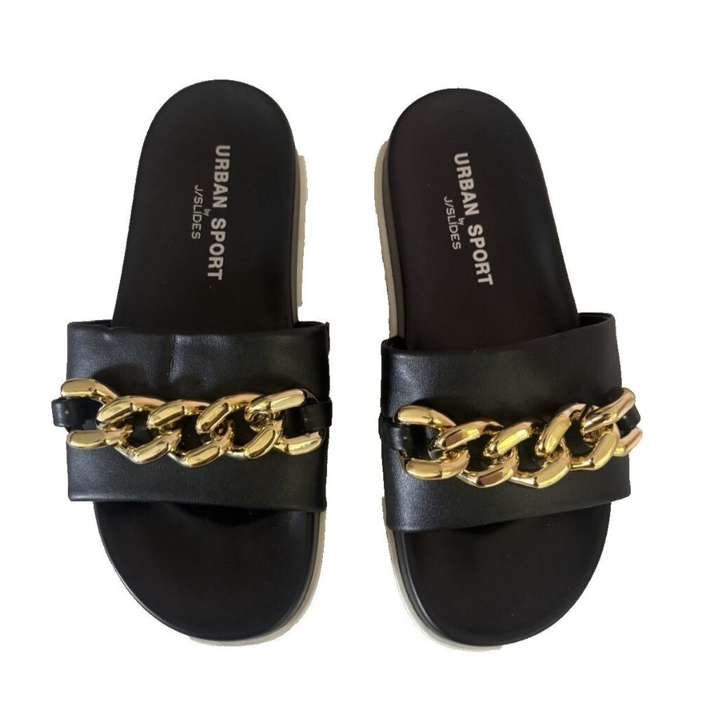 Black Slides With Gold Chain Accent By Urban Sport size 6 - Picture 2 of 8